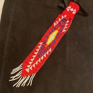 Rare VTG Handcrafted Native American Red Beaded Necktie with elastic neckband.